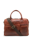 Brown leather duffel bag with a shoulder strap on a white background