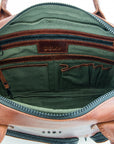Open leather bag with green interior on a white background