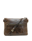 Brown leather handbag with a strap on a white background