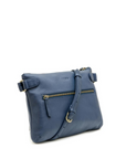 Blue leather handbag with a strap on a white background