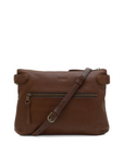 Brown leather handbag with a strap on a white background