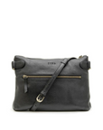 Black leather handbag with gold zipper on a white background