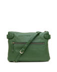 Green leather handbag with a strap on a white background