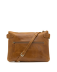 Brown leather handbag with a visible brand name on a white background