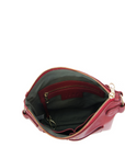 Red handbag with gold zipper on a white background