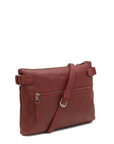 Red leather crossbody bag on a white background
