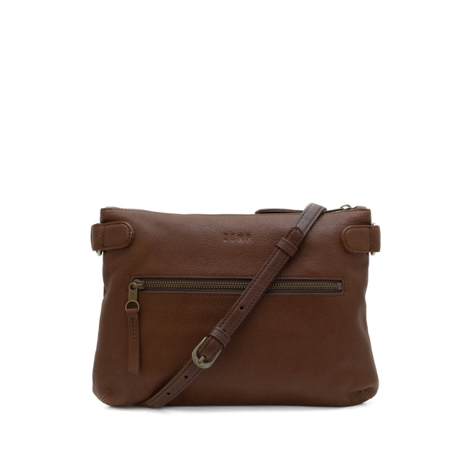 Brown leather handbag with a strap on a white background