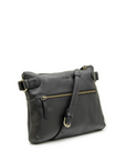 Black leather handbag with gold zipper on a white background
