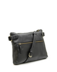 Black leather handbag with gold zipper on a white background