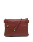Red leather handbag with a gold zipper on a white background