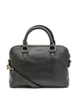 Black leather handbag with a shoulder strap on a white background