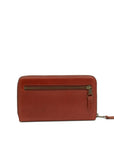 Brown leather wallet with a gold zipper on a white background