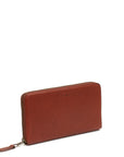Brown leather wallet with a zipper on a white background