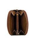 Brown leather wallet with a zipper on a white background