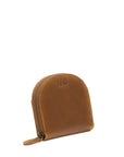 Brown leather zippered pouch on a white background