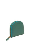 Teal coin purse with gold zipper on a white background