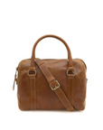 Brown leather duffel bag with a shoulder strap on a white background