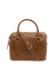 Brown leather duffel bag with a shoulder strap on a white background
