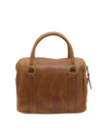 Brown leather handbag on a white background