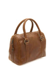 Brown leather handbag on a white background