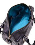 Black leather bag with blue interior on a white background