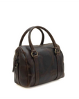 Brown leather handbag on a white background