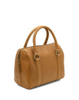 Tan leather handbag on a white background