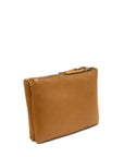 Brown leather pouch with a zipper on a white background