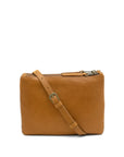 Brown leather crossbody bag on a white background