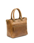 Brown leather handbag with visible brand name on a white background