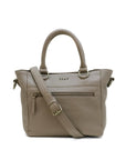Beige handbag with a shoulder strap on a white background
