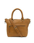 Brown leather handbag with a shoulder strap on a white background