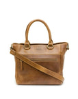 Brown leather handbag with a shoulder strap on a white background