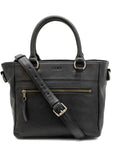 Black handbag with gold zippers and hardware on a white background
