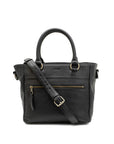 Black handbag with a shoulder strap on a white background