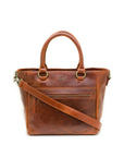 Brown leather handbag with a shoulder strap on a white background