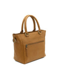 Tan leather handbag with gold accents on a white background