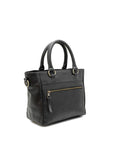 Black handbag with gold zipper on a white background