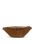 Brown leather waist bag on a white background