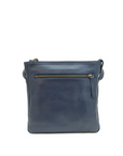 Blue leather crossbody bag on a white background
