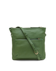 Green leather crossbody bag on a white background