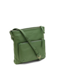 Green leather crossbody bag on a white background