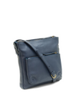 Blue leather handbag with a shoulder strap on a white background