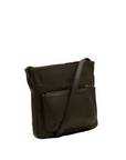 Black leather crossbody bag on a white background