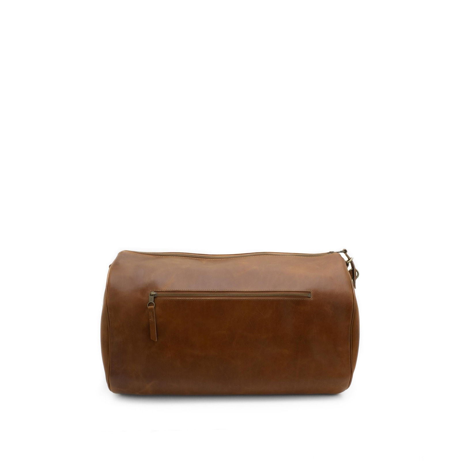 Brown leather duffel bag on a white background