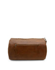 Brown leather duffel bag on a white background