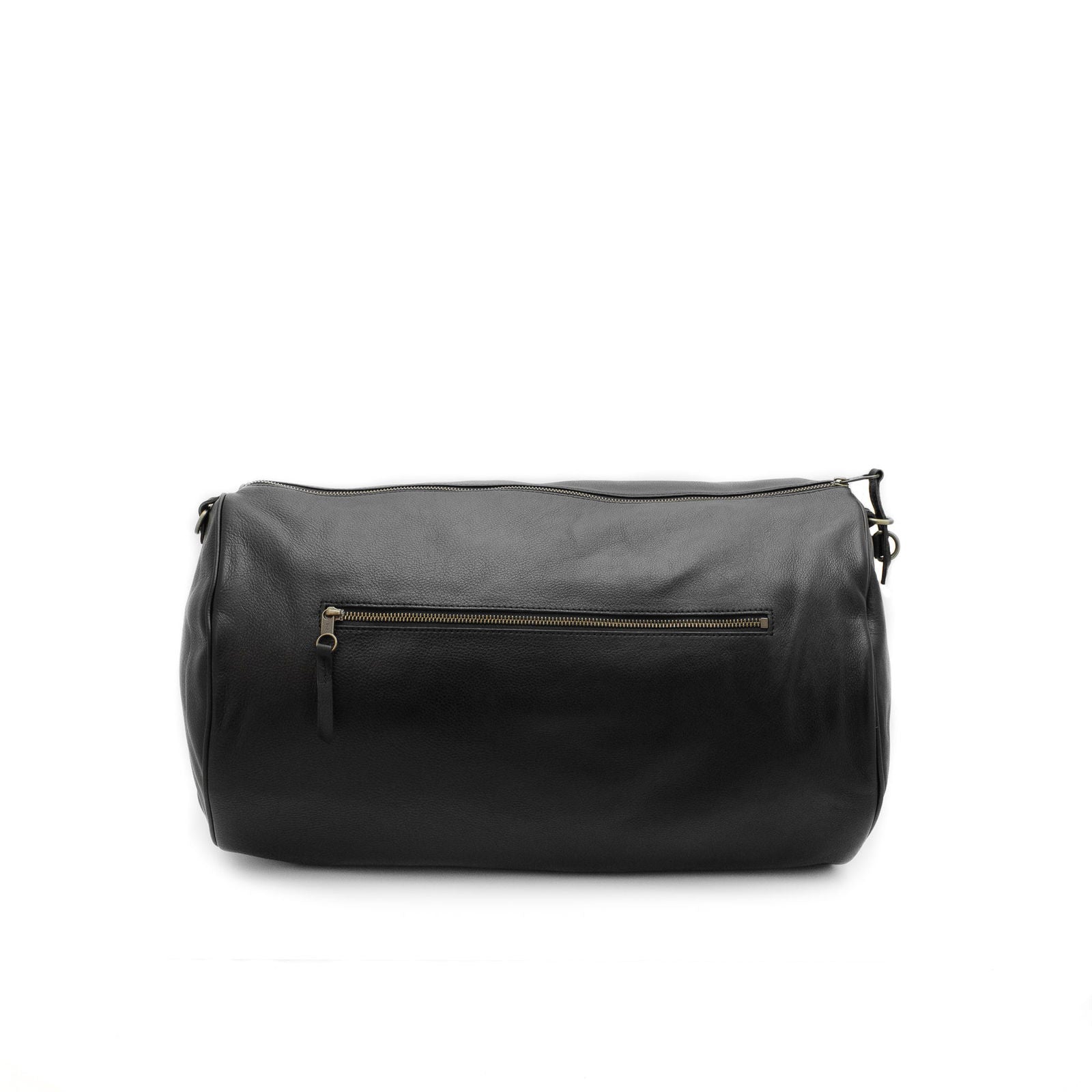 Black duffel bag with a gold zipper on a white background