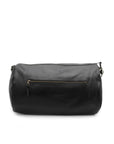 Black duffel bag with a gold zipper on a white background