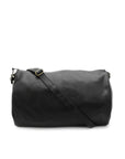 Black duffel bag with a strap on a white background