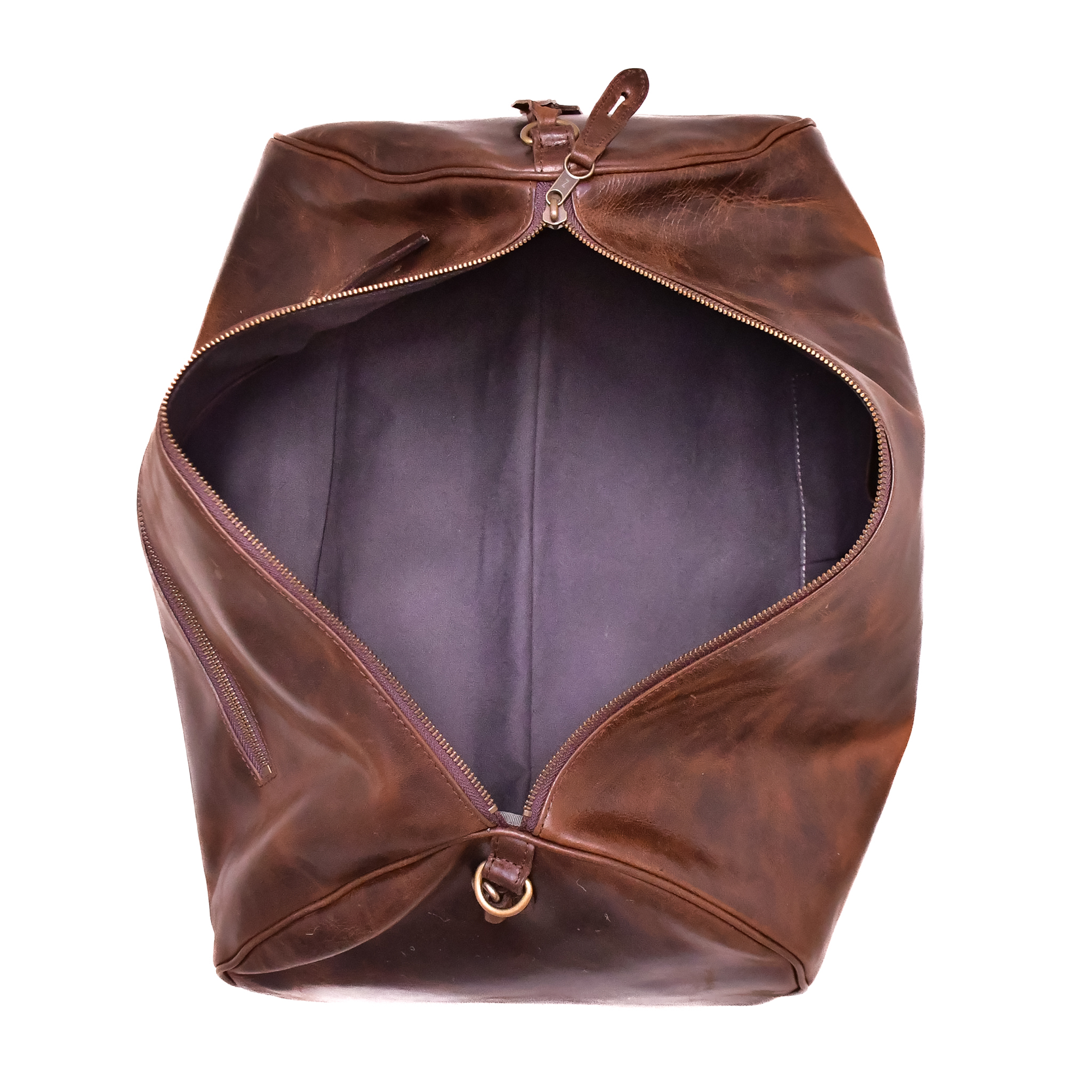 Brown leather bag with a zipper on a white background